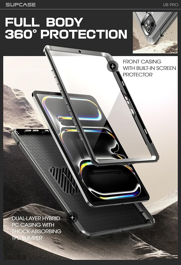 SUPCASE for iPad Pro 11 inch Case M5/M4 2025/2024 with Pencil Holder Black | Built-in Screen Protector Built-in Stand Support Apple Pencil's Wireless Charge Heavy Duty Protection Unicorn Beetle Pr