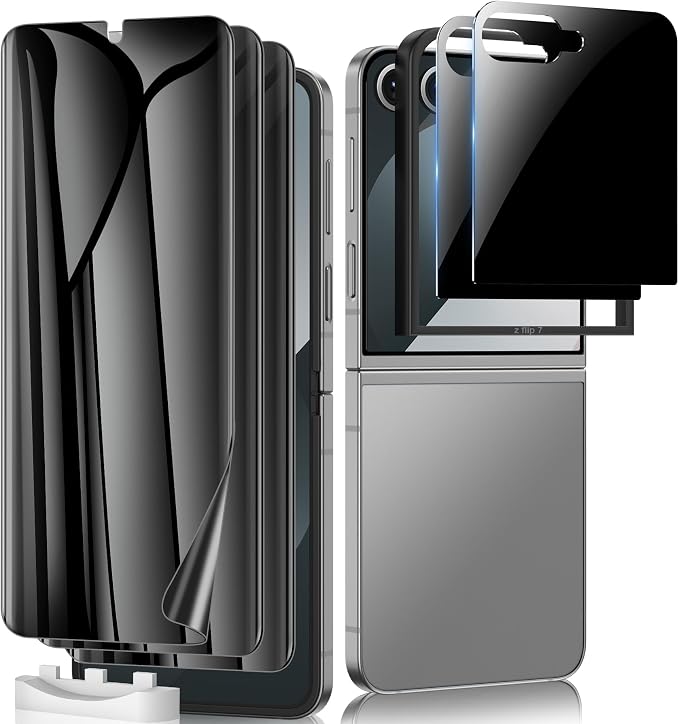 for Samsung Galaxy Z Flip 7 Privacy Screen Protector 3 Pack Internal Anti-Spy TPU Film + 2 Pack Outer Privacy Glass Screen Protector Anti-Scratch Touch Sensitive No Bubbles Case Friendly