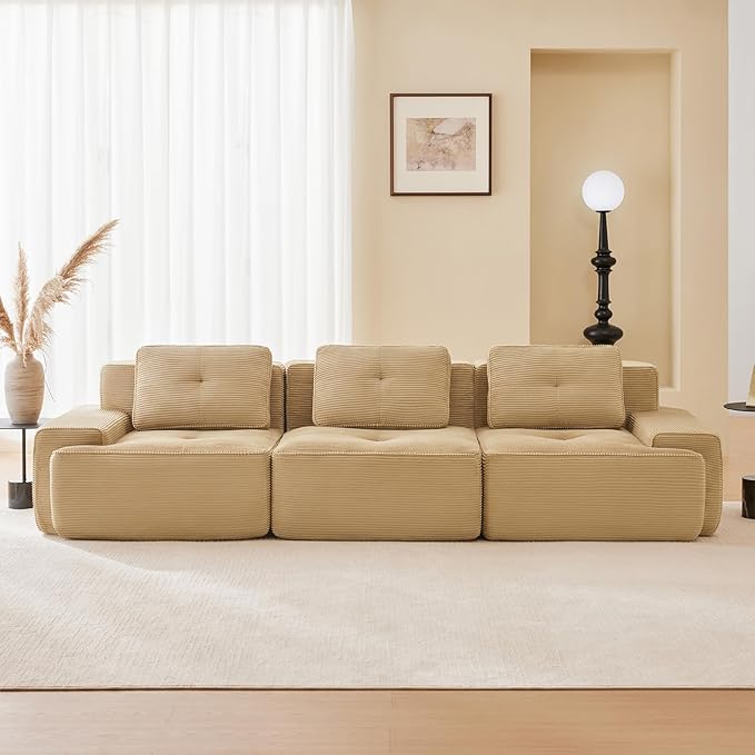 115" Modern Compressed Boneless Couch, 3 Seater Sectional Couches for Living Room, Camel Corduroy Cloud Modular Sectional Sofa, Comfy Memory Foam, Extra Deep, Sofas para Sala, No Assembly