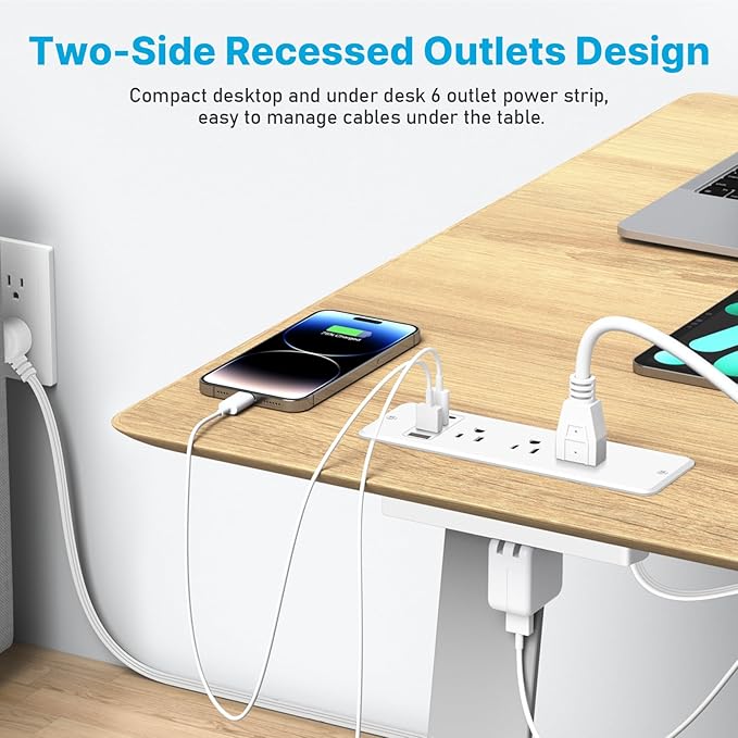 CCCEI 6 Outlets Dual Side Recessed Power Strip with 45W USB C Port, Furniture Flush Mount, Under Desk, Desk Top Multiple Outlet, Hidden Charging Station for Conference Table, Nightstand, White. 10FT.