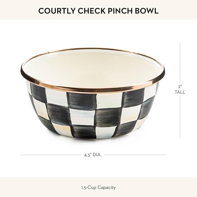 MACKENZIE-CHILDS Enamel Pinch Bowl, Small Bowl for Kitchen Ingredients, 1.5-Cup Capacity, Black-and-White Courtly Check