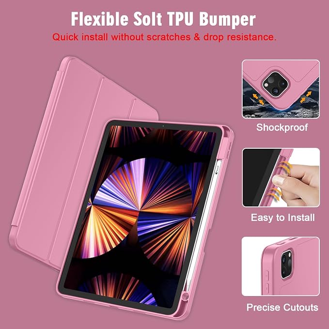 New iPad Pro 11 Inch Case 2022(4th Gen)/2021(3rd Gen)/2020(2nd Gen) with Pencil HolderSmart iPad Case [Support Touch ID and Auto Wake/Sleep] with Auto 2nd Gen Pencil Charging (Deep Pink)