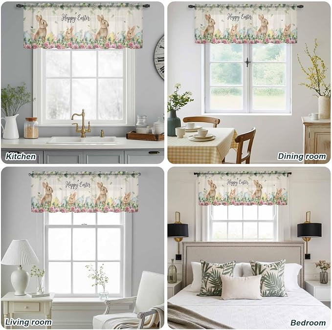 Easter Sheer Valances for Windows 54"x18", Light Filtering Kitchen Curtains