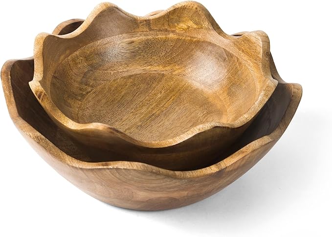 Mela Artisans Scalloped Decorative Wooden Bowls Set of 2 |12 Inch &10 Inch Mango Wood Fruit | Serving Bowls | Natural Grain Texture | Kitchen Counter | Snacks | Desserts | Bread | Handcrafted Decor