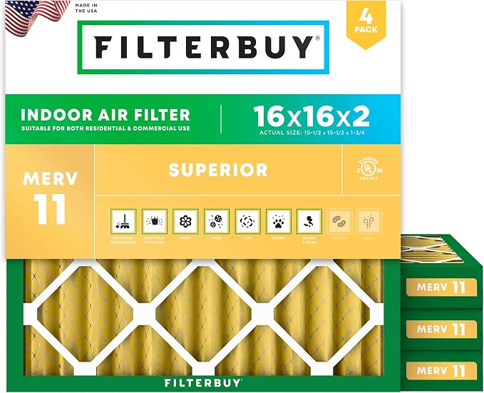 Filterbuy 16x16x2 Air Filter MERV 11 Superior Pet & Allergy Defense,