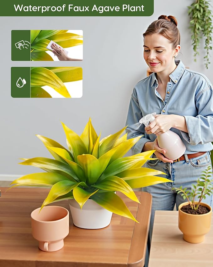 Velener Artificial Agave Plant Set, 28 Inch, Faux Aesthetic Plants for Home Decor, Realistic UV Resistant Fake Yellow Agave Plants Without Pot, Set of 2