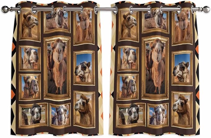 2 Panel Kitchen Cafe Curtains, Wildlife Camels Sunlight Filtering Nature Air