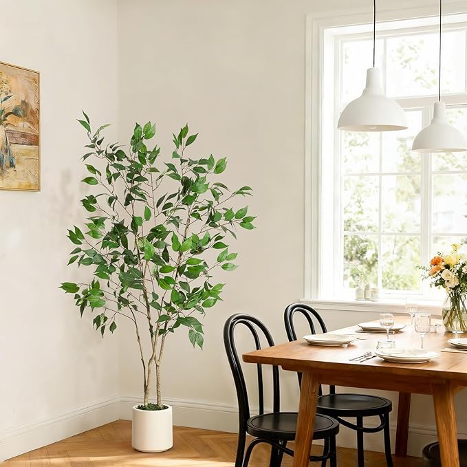5FT Ficus Trees Artificial Indoor, Faux Silk Plant with Natural Wood Trunk and Lifelike Fruits, White Imitation Ceramic Planter with Green Fake Moss for Modern Home Office Living Room Decor
