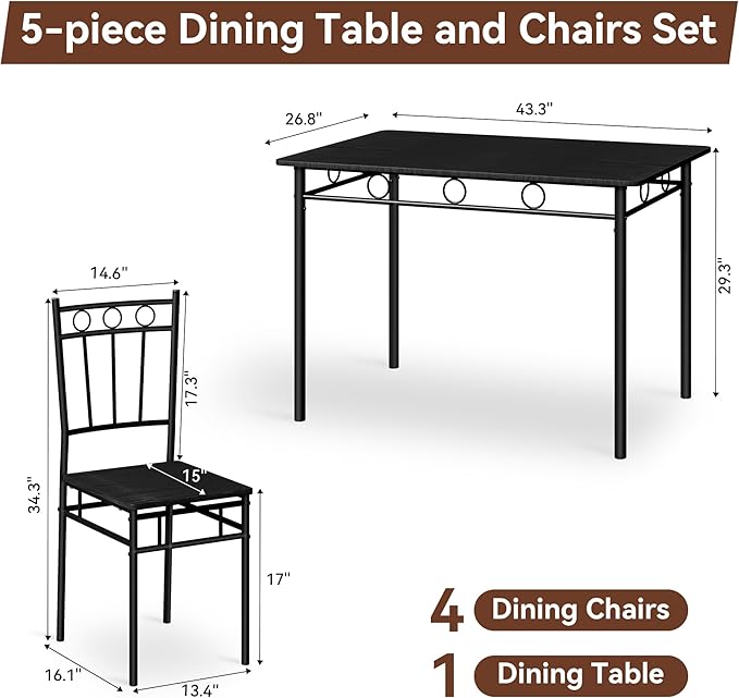 Vipbear 5-Piece Kitchen Table Set,Kitchen Dining Table Set for 4,Dining Room Table Sets,Rectangular Kitchen Table Set with 4 Chairs for Small Space, Dinette,Apartment,Black