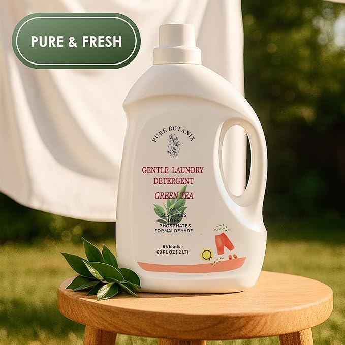 Green Tea Organic Laundry Detergent 68 Fl Oz | 66 Loads, Natural Hypoallergenic Non-Toxic Plant-Based Soap for Sensitive Skin, Concentrated Enzyme Stain Remover, Sulfate Free