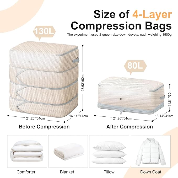 Comforter Storage Bag - 130L Large Capacity Blanket Storage Bags 4-Layer Ultra Space Saving Self Compression Organizer, Washable Compression Bags for Storage Comforter Blanket, 2-Pack, Beige