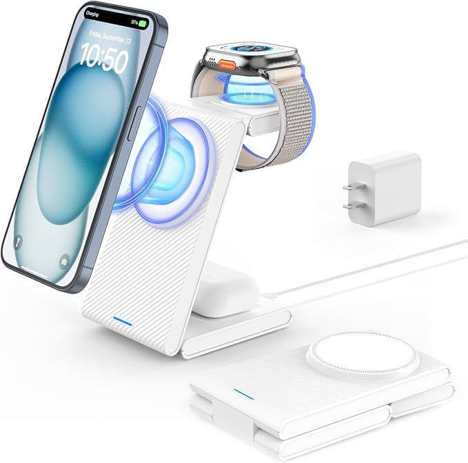 Wireless Charger Stand CIYOYO 3 in 1 Fast Wireless Charging Station Dock for Apple Watch 11/9/8/7/6/SE/5/4/3/2 Airpods 3/2/Pro iPhone 17/16/15/14/14 Plus/14 Pro Max/13/13 Pro/12/12 Pro/SE/X/XR/XS/8