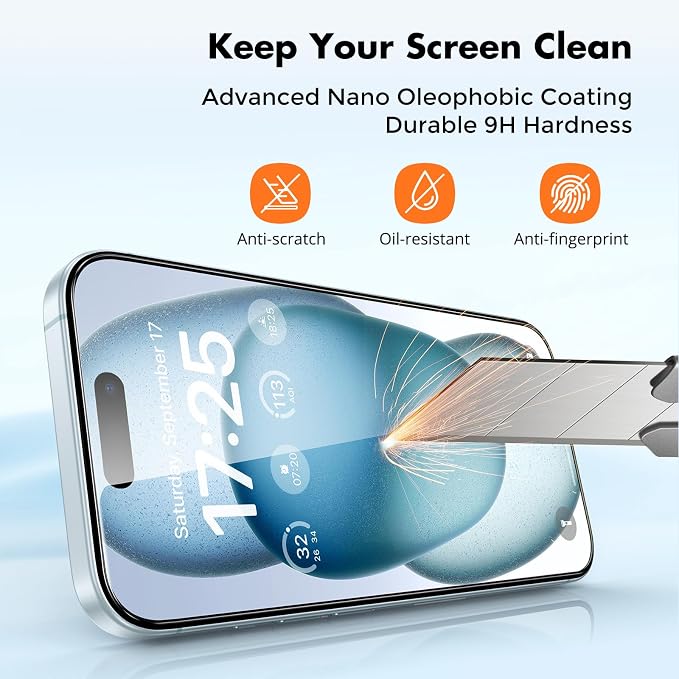 UNBREAKcable 4-Pack iPhone 15 Screen Protector 9H Hardness | 9H tempered glass | 99.99% HD clarity | Double Shatterproof|alignment frame easy install | case-friendly