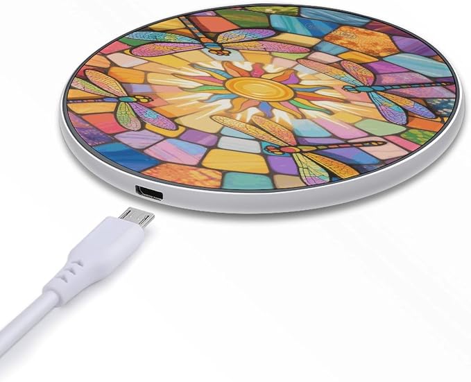 Stained Glass Dragonfly Wireless Charger with USB CableAluminum Alloy Frame 10W Max Compatible Fast Wireless Charging Pad- 3.2ft Cable Included for Travel Home Office Desk