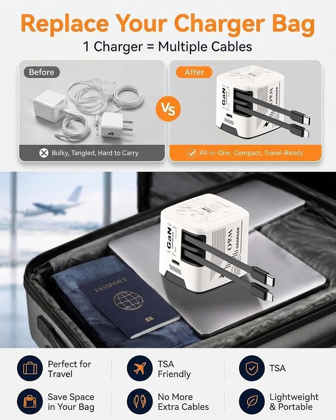 W &amp O 60W GaN Fast Charger Wall Plug Built-in Retractable USB-C &amp L Cables | Retractable Wall Charger with 47.2 Cables One Pull Charging No Cable Mess Solution for iPhone 17/16/15 Galaxy
