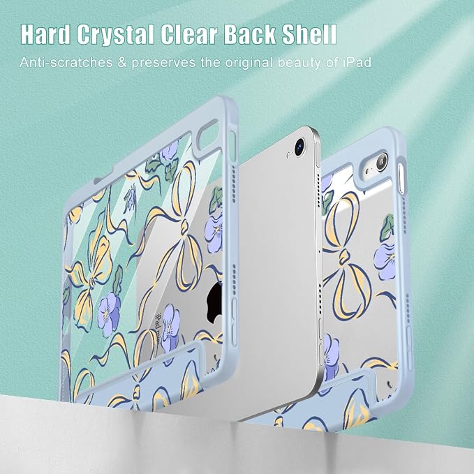 Case for iPad mini (A17 Pro 7th Generation) 2024/iPad Mini (6th Gen) 8.3 Inch with [Built-in Pencil Holder] Shockproof Cover with Clear Transparent Back Shell &amp Auto Wake/Sleep - Blue Bows