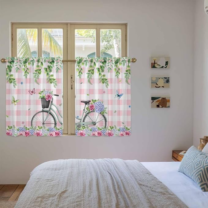 Spring Kitchen Curtains, Bicycles Leaves Butterfly Flowers Pink Buffalo Plaid