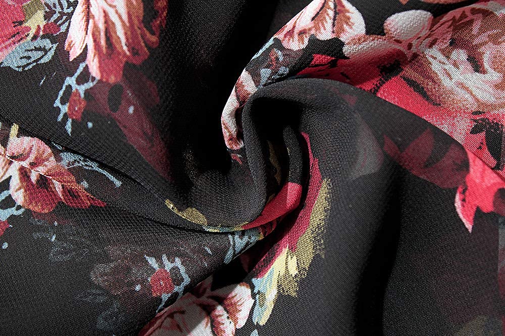 Women's Floral Print Puff Sleeve Kimono Cardigan Loose Cover Up Casual Blouse Tops(BLACK M)