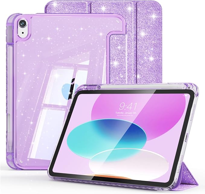 Case for iPad A16 11th/10th Generation 2025/2022 Purple | Glitter Shockproof 10th gen ipad case with Pencil Holder Trifold Stand Auto Wake/Sleep Sparkly ipad a16 case clear