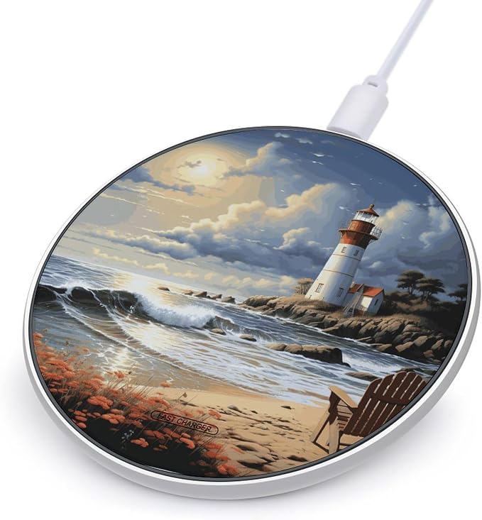 Sea Lighthouse Sandbeach Wireless Charger 10W Portable Fast Wireless Charging Pad Compatible with Phone Slim Charging Station Lightweight Charger Mat Charging Block for Travel Home Office