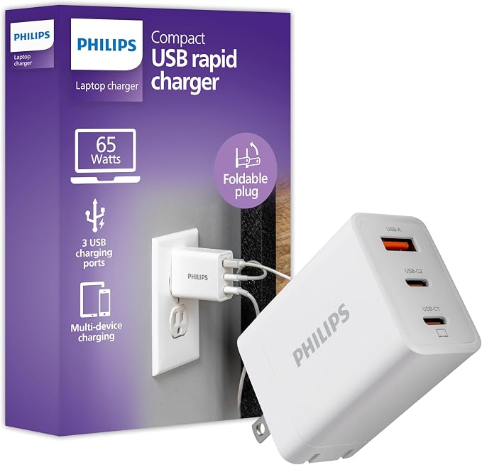 Philips iPhone Charger Fast Charging 65W USB C Charger 3-Port GaN USB C | Charger Block with USB A and USB C Foldable Fast Wall Charger for iPhone 16 Series 15 Series iPad Pro White DLP3653W/37