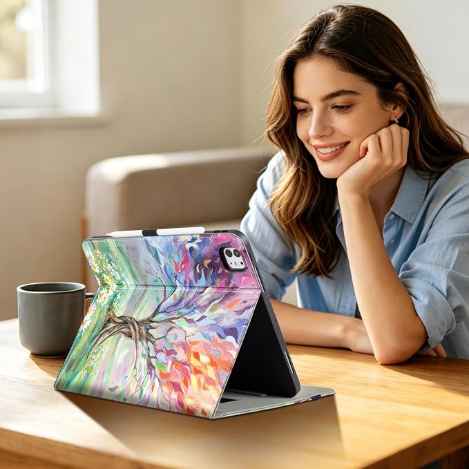 for iPad Air 13 inch Case (M4/M3/M2) iPad Pro 12.9 inch Case Hummingbird | Premium Leather Business Folio Case with Pencil Holder Multi-Angle View Adjustable Stand Pocket/Hand Strap/Auto Wake Sleep