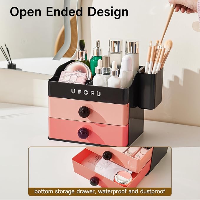 Makeup Organizer for Vanity with Brush Holder, Countertop Organizer with 2 Drawers, Spacious Cosmetic Display Case for Beauty Essential, Skincare, Lipstick