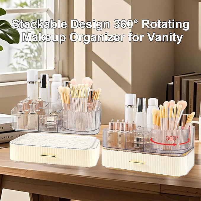 DASITON Makeup Organizer with Drawers and Rotating Makeup Brush Holder,Large Capacity Stackable Cosmetic Organizer Countertop,Bathroom Organizers and Storage,Make up Organizers for Vanity (Cream 02)