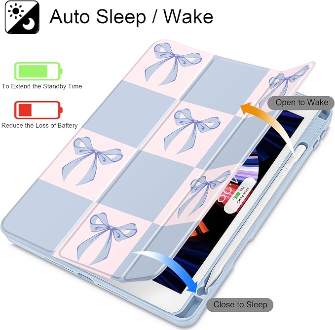 Case for iPad 9th/8th/7th Generation 10.2-Inch (2021/2020/2019 Release) with [Built-in Pencil Holder] Shockproof Cover with Clear Transparent Back Shell &amp Auto Wake/Sleep - Blue Bows