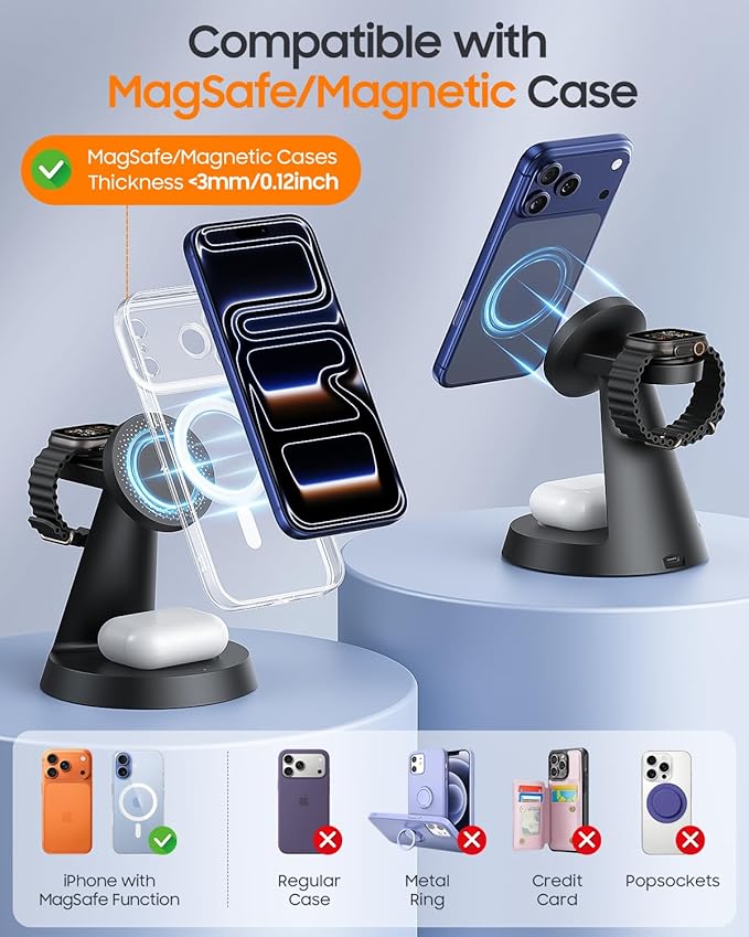 3 in 1 Magnetic Charging Station for Apple Devices, 15W Fast Wireless Charger Compatible with MagSafe Charging Stand Dock for iPhone 17 16 15 14 13 12, Watch Charger Stand for Apple Watch & Earbuds
