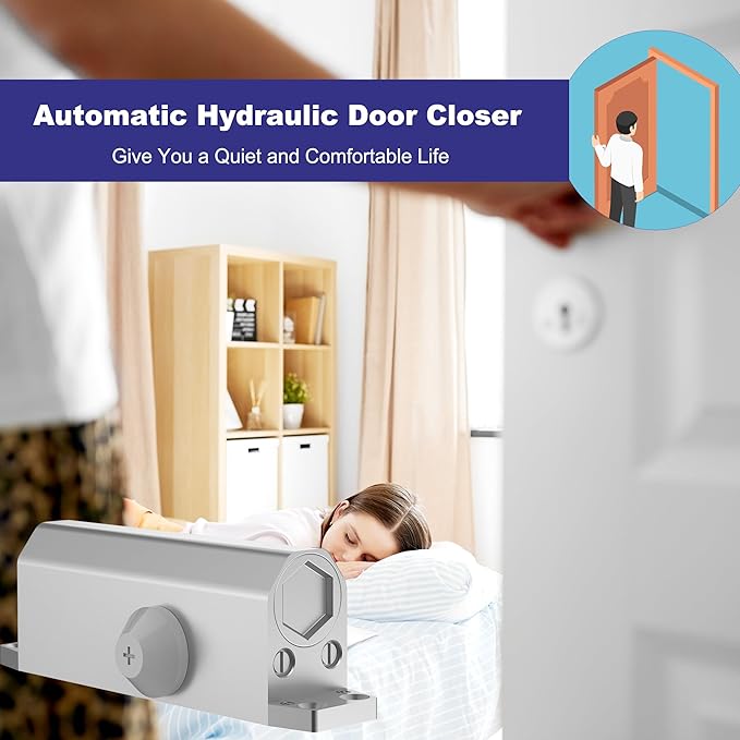 Jayseon Automatic Door Closer for Home & Commercial Door Closer, Fits 99~143 lb Weight, Hydraulic Auto Closers Silent for Residential or Light Commercial, Aluminum Silver