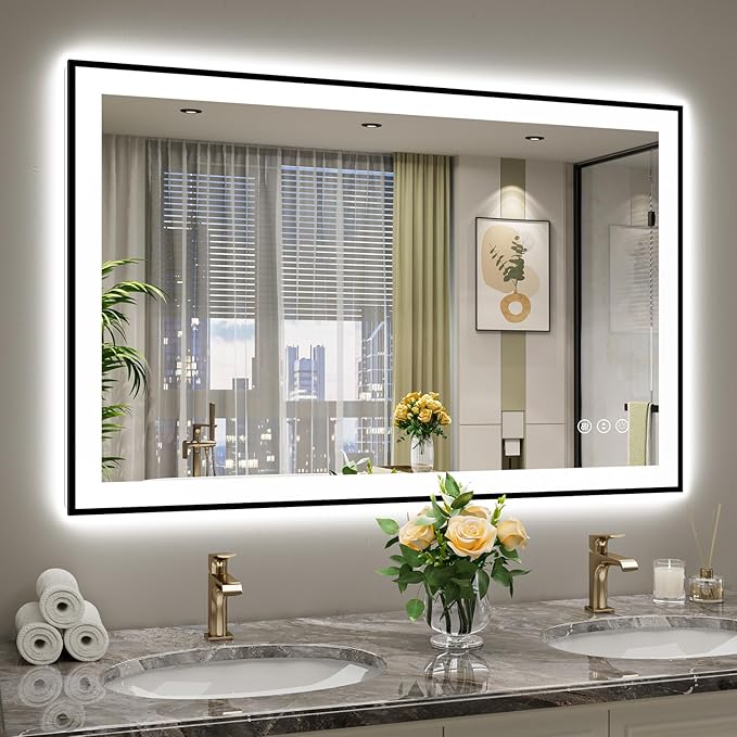 YEELAIT 48x32 Inch LED Bathroom Mirror with Lights (Front Lit and Backlit) Black Framed Lighted Vanity Mirror for Bathroom Wall Dimmable Anti-Fog Memory Tempered Glass Horizontal/Vertical