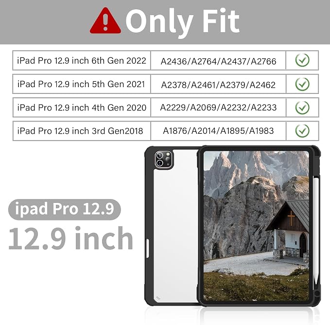 Clear Case for iPad Pro 12.9 inch 6th/5th/4th/3rd Gen 2022/2021/2020/2018 with Pencil Holder Lightweight Shockproof Trifold Stand Transparent Acrylic Back Cover Auto Wake/Sleep Black