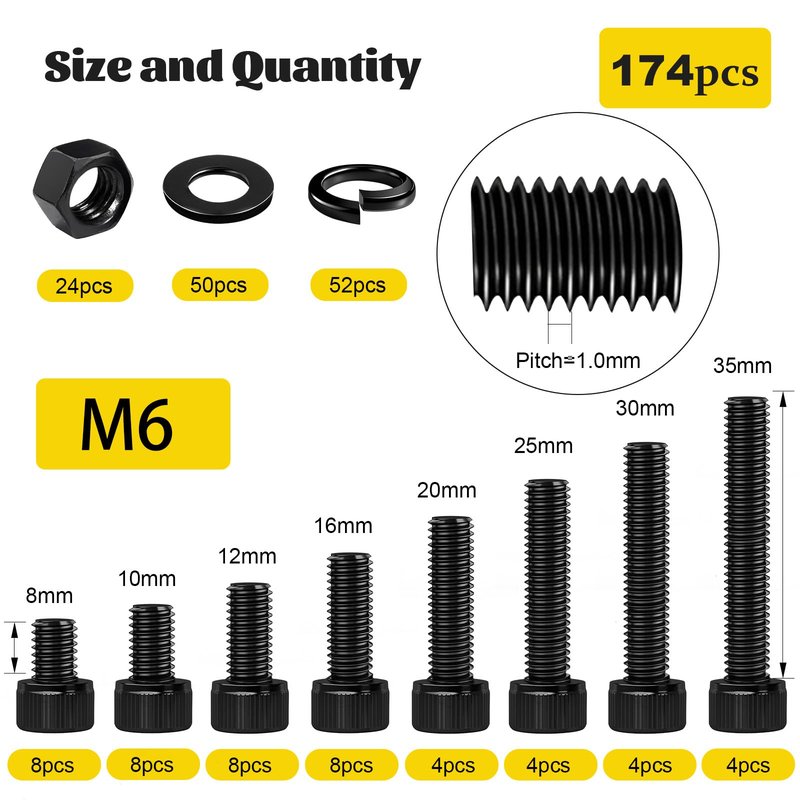 Fgruh 174PCS M6 Screws with Nuts Assortment Kit - M6x8/10/12/16/20/25/30/35 mm Hex Socket Head Cap Bolts with Nuts & Washers Assorted Set - 12.9 Alloy Steel Black Zinc Plated Anti-Rust Hardware Set