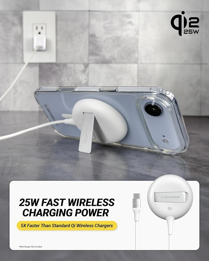 Scosche 25W Qi2 MagSafe Wireless Charger with Kickstand Magnetic Fast Wireless Charging Pad with 6ft USB-C Cable for Hands-Free Viewing Compatible with iPhone 17/16/15 Galaxy S26/25 Pixel 10