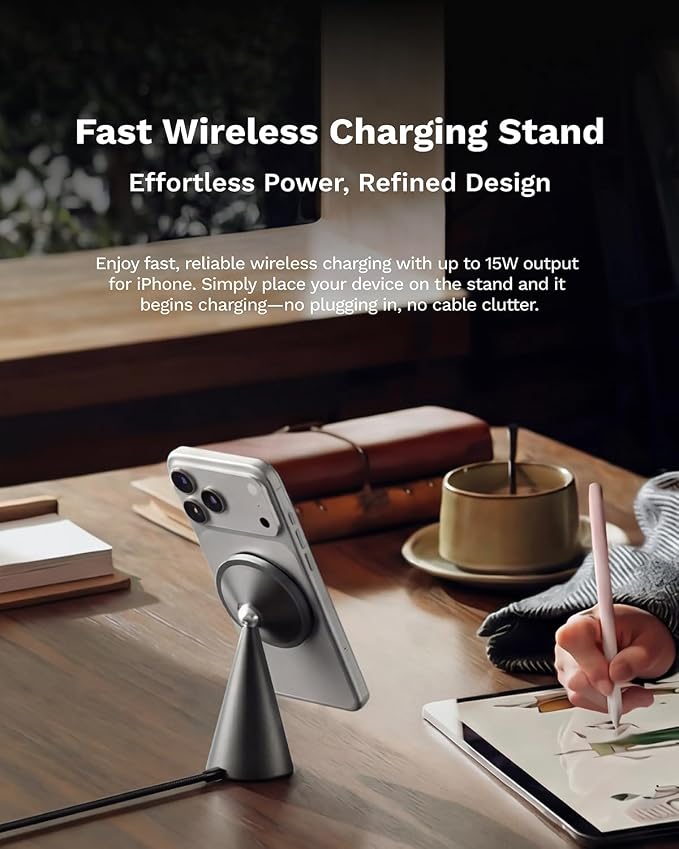 Black Walnut Wood and Aluminum Wireless Charger | Magnetic Charging Stand for iPhone Compatible with MagSafe