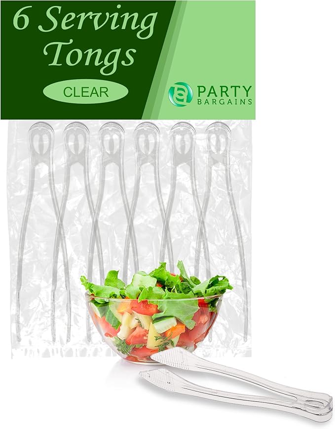 PARTY BARGAINS 8.5″ Clear Plastic Serving Tongs 6-Pack – Heavy-Duty Disposable & Reusable Kitchen Tongs for Parties BBQ Buffet Salad Appetizers Catering