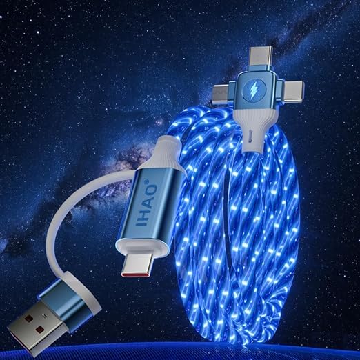 IHAO Multi Ports Light-Up USB Cable USBA to USBC/MicroUSB Cable Durable Fast Charging Cable with Visible Current Flow As Night Light Use-3in1 Blue