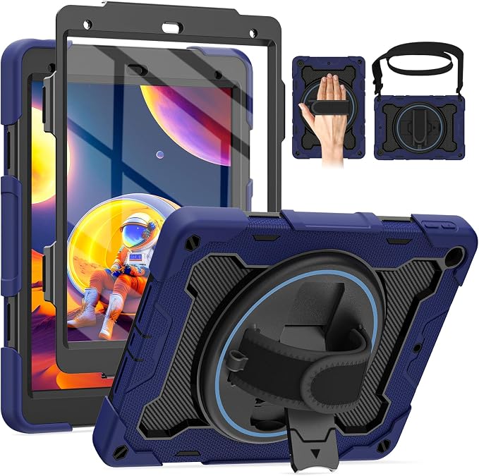 for iPad 9th 8th 7th Gen Case 10.2 inch with Screen Protector | 360° Rotating Kickstand Hand Strap Shoulder Strap Heavy Duty Military Grade - Kids Friendly