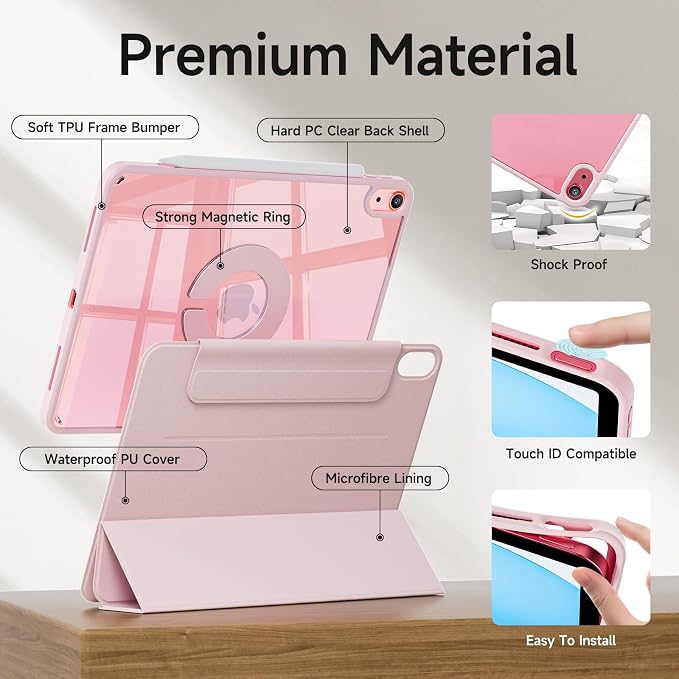 kenke Hybrid Case for iPad A16 11th Gen 11''/10th Gen 10.9'' Black | Detachable Magnetic Portrait/Landscape Stand Cover Magnetic Rotating Hard Clear PC Back Auto Wake/Sleep Support Touch ID