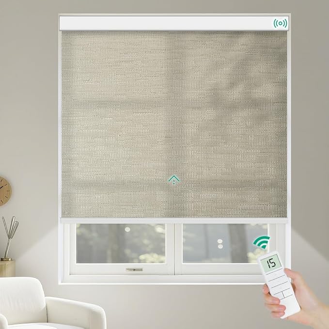 Kilonity Motorized Roller Shades, Light Filtering Remote Control Custom Window Shades Compatible with Alexa Google Assistant via RF Hub, Rechargeable Electric Blinds for Windows (Texture Dark Coffee)