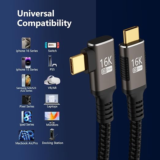 right angle USB C long Cable 10FT Compatible With Thunderbolt 5/4Type C 240W Fast ChargingUSBC 16K@60Hz/8K@120Hz HD Video Output for Display90 degree USB 5/4 Cable 80Gbps Data Transfer for SSD/Dock