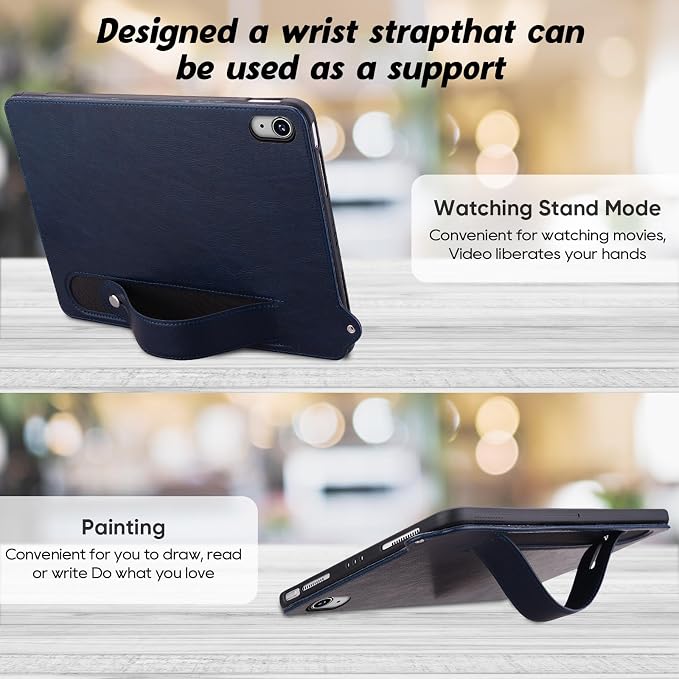 Slim Case for Apple iPad 10th Generation 10.9 Inch 2022 PU Leather Lightweight Hand Strap Stand Feature Drop Protection Back Cover for iPad 10th Gen 10.9 Black