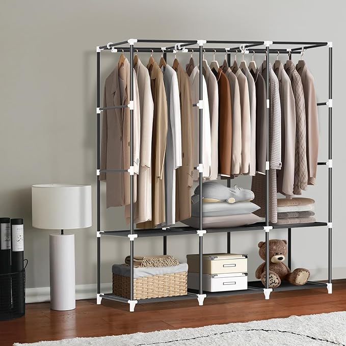 LOKEME Portable Closet, Wardrobe Closet with 3 Hanging Rods and 6 Storage Shelves and 4 Side Pockets, Gray Portable Closets for Hanging Clothes Easy to Assemble and Strong and Stable