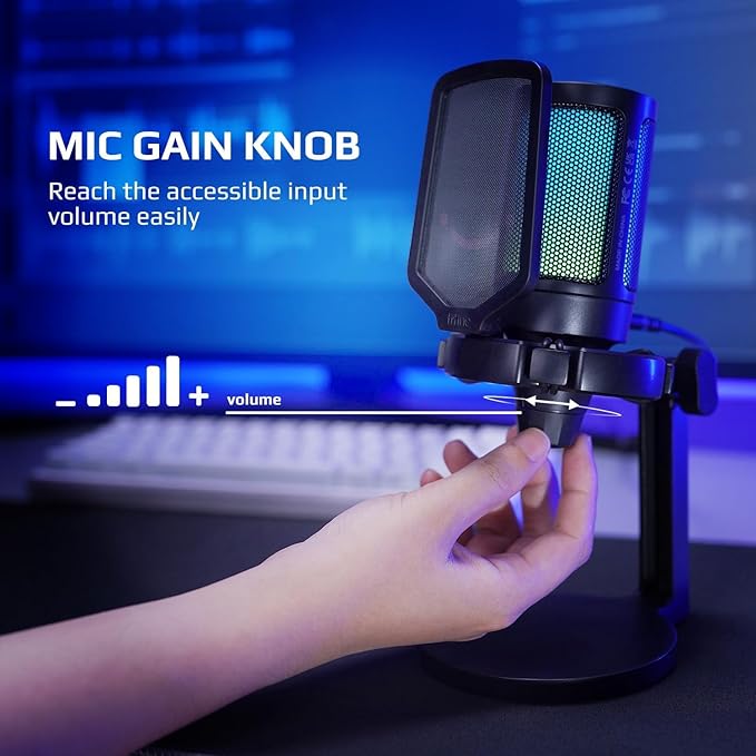 Fifine USB Microphone for PC Gaming, Computer Desktop Streaming Microphone with Mute Button, Gain Knob for Video Podcast, RGB Mic for PS4/PS5, Laptop A6NEO