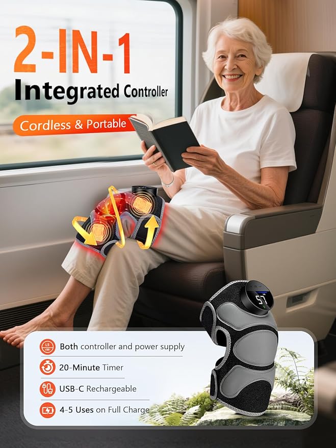 Upgrade 4 Massage Area Knee Brace & Red Light Therapy for Knee, Cord-Free Rechargeable Controller, 20Min Auto Shut-Off, 660nm & 850nm Red Light Therapy Device for Knee/Elbow/Shoulder.