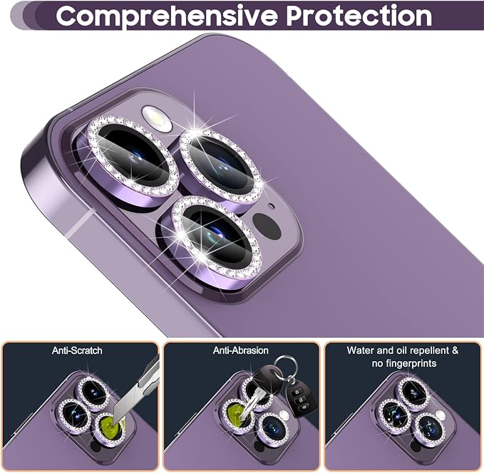 Suoman for iPhone 14 Pro Max / 14 Pro Camera Lens Protector [Diamonds Bling] 9H Tempered Glass Full Coverage Metal Protective Cover - Diamond Black