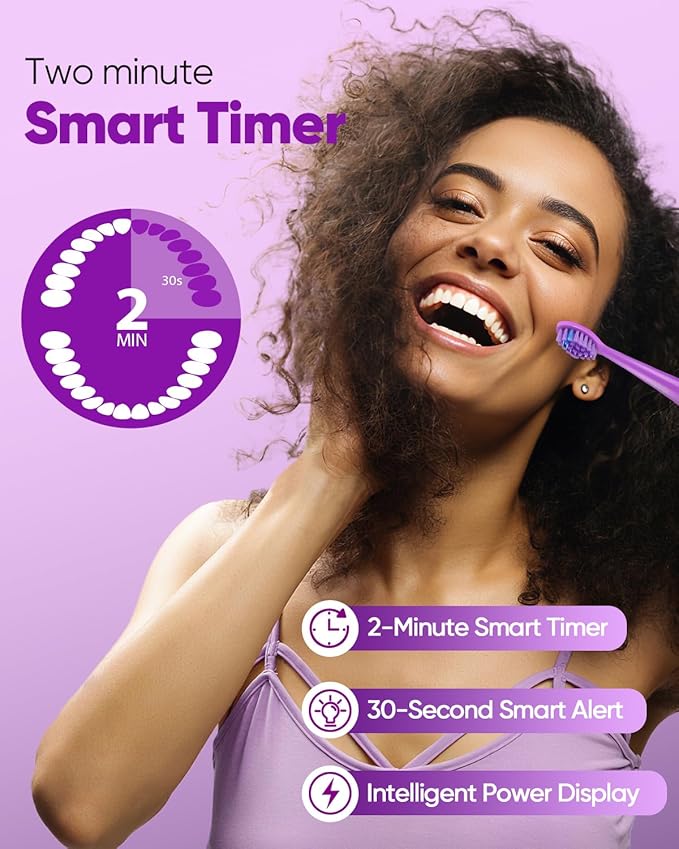 MySmile DY156 Electric Toothbrush for Adults, Rechargeable Sonic Battery Toothbrush Portable with 3 Brush Heads, 2 Mins 5 Modes Smart Timer, 45000VPM, One Charge for 60 Days - Purple