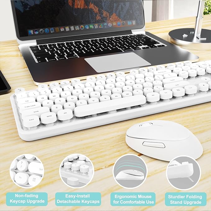 Wireless Keyboard and Mouse Combo, Ergonomic Full Size Typewriter Retro Round Keycaps Keyboard, Compatible with Windows, PC, Perfer for Home and Office Keyboards（White）