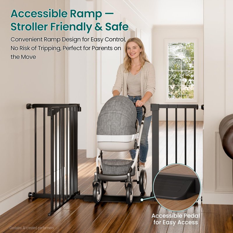 Cumbor 30-54" Extra Wide Baby Gate for Stairs, Dual Lock & Self-Closing Dog Gate Indoor, Easy Install Pet Gate for Doorways, Hallways & Kitchen, Easy Walk Thru Safety Proofing for Babies & Pets, Black